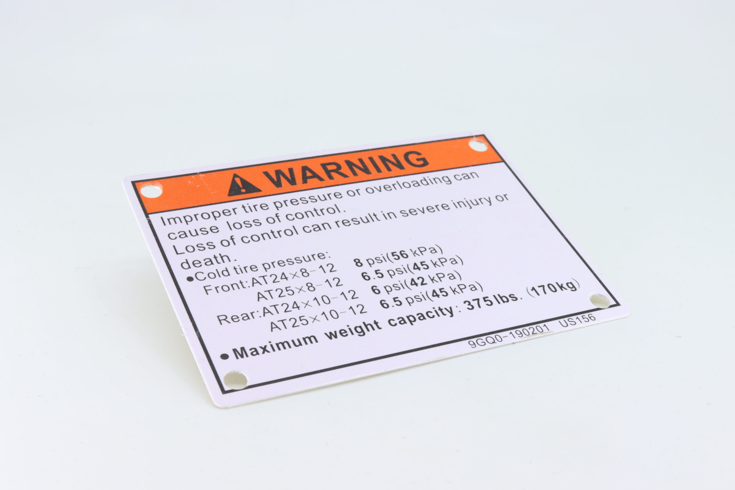 TIRE PRESSURE AND LOAD SPEC PLATE, CFMoto OEM - 9GQ0-190201